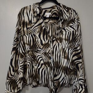 Chico's Women's Brown Zebra Print Tie Long Sleeve Blouse XL